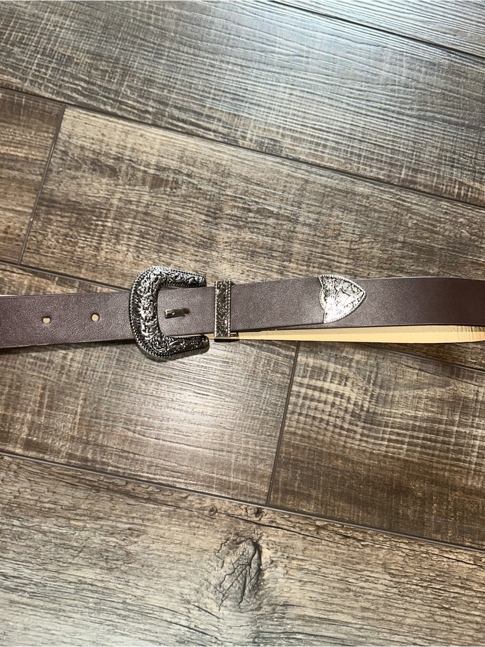 Brown Western Leather Belt with Decorative Silver Buckle